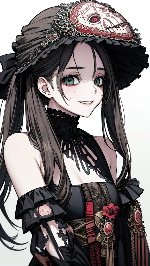 (masterpiece:1.2, Highest quality), (Actual Photos, Intricate details), (1 female, alone, Small breasts) ,Distorted facial expressions、Blood splatter、Cuts on the face、burns on the face、whole body、Punk Fashion、Long Hair、Long Bangs、Twin tails、Black Hair、(((Dark circles under the eyes)))、Pale skin、Pathological、Wicked Smile、Crazy Eyes、(Grin)Dramatic makeup,Create mixed media art、White Background