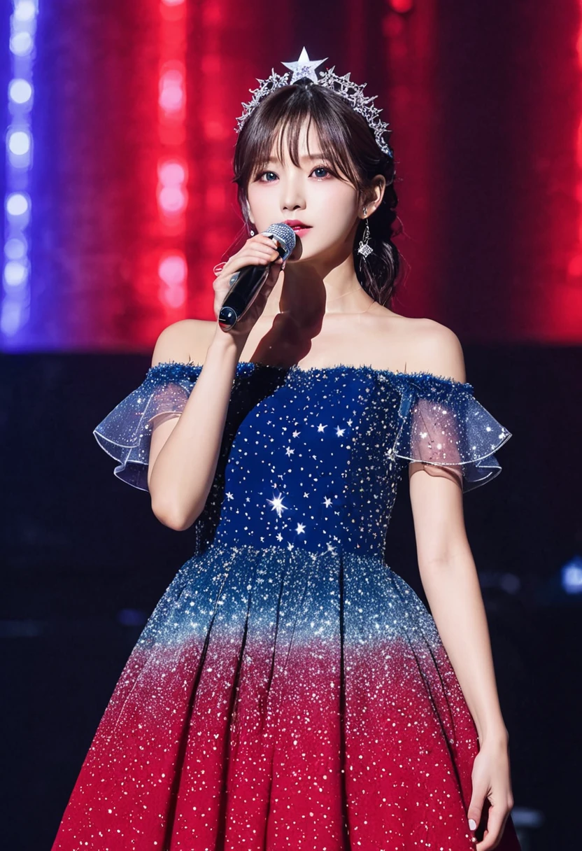1 girl, Alone, Best Quality, masterpiece , hoshino ruby, hair ornament, sparkling eyes, star in the eye, (star in the eye derecho:1), (dress:1.4), (concert1), on the stage,