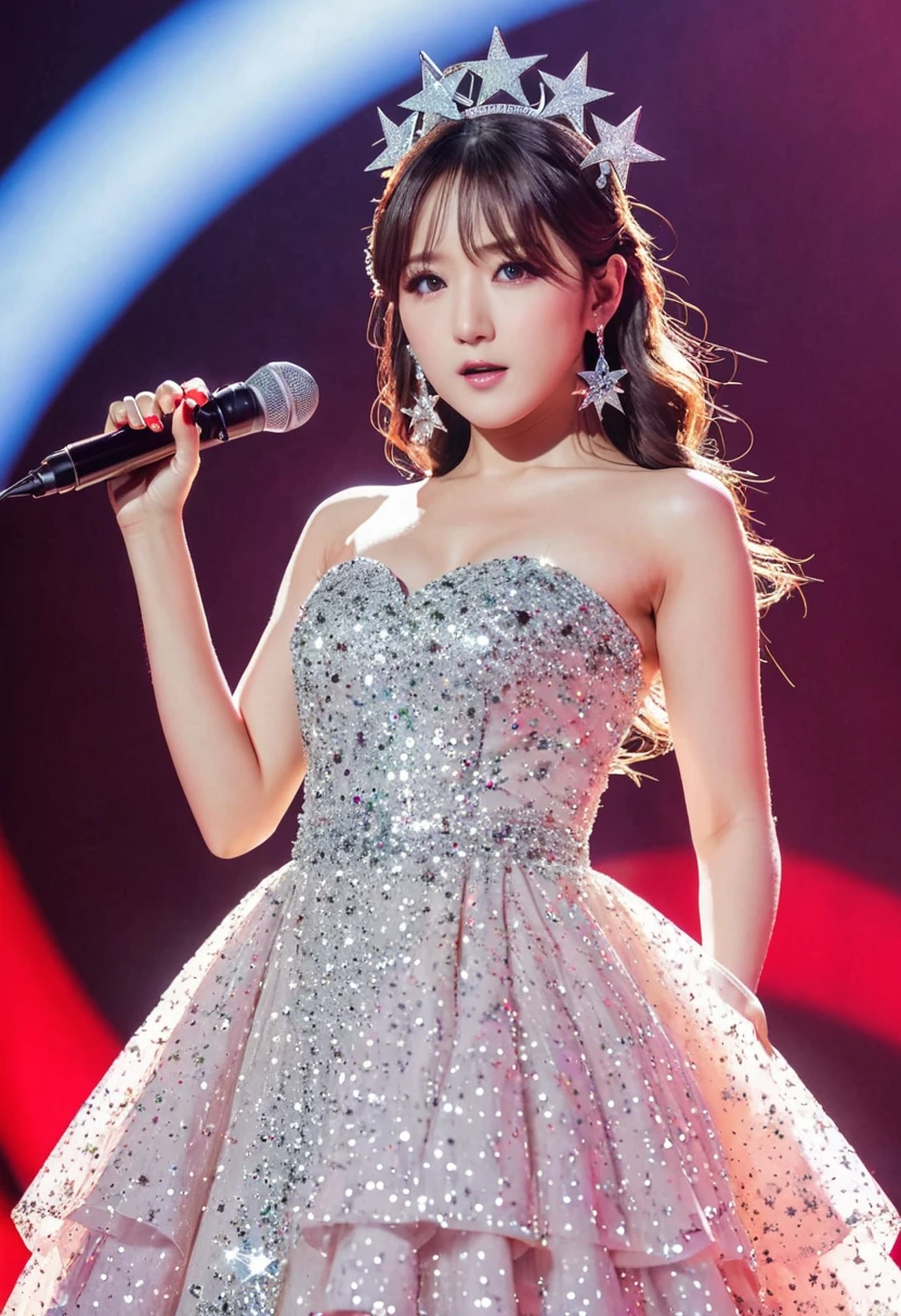 1 girl, Alone, Best Quality, masterpiece , hoshino ruby, hair ornament, sparkling eyes, star in the eye, (star in the eye derecho:1), (dress:1.4), (concert1), on the stage,