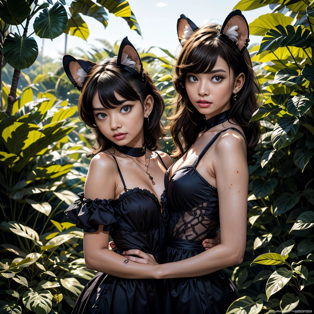 niji、eyesgod、(Jungle Adventure:1.5)、Mangrove Forest、Wearing a black dress_Leopardのような女性:1.9、Leopard、Caution expression、Photographed from the front、Cowboy Shot、Lush tropical foliage、Dramatic lighting、Cinematic composition、Very detailed、Photorealistic、8k、masterpiece