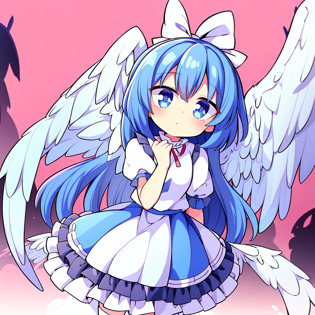 (best quality,4k,8k,highres,masterpiece:1.2), top-quality(masterpiece), top-quality, ultra-detailed, highly detailed texture, intricate details, high quality textures, A cute teenage angel with blue eyes, big pink ribbon in her hair, drawn in anime style, 1girl, (((1girl in))), , 10 years old, (((loli))), ((childish)), medium blue hair, hair flaps, pink ribbon on head, well-formed face, Beautiful face, blue eyes, pretty eyes, angel girl, white blouse, puffy short sleeves, red ribbon, angel wings, long white skirt, red shoes, frills, ribbon head, A pair of angel wings on the back, clean line drawings, cute, perfect symmetrical face