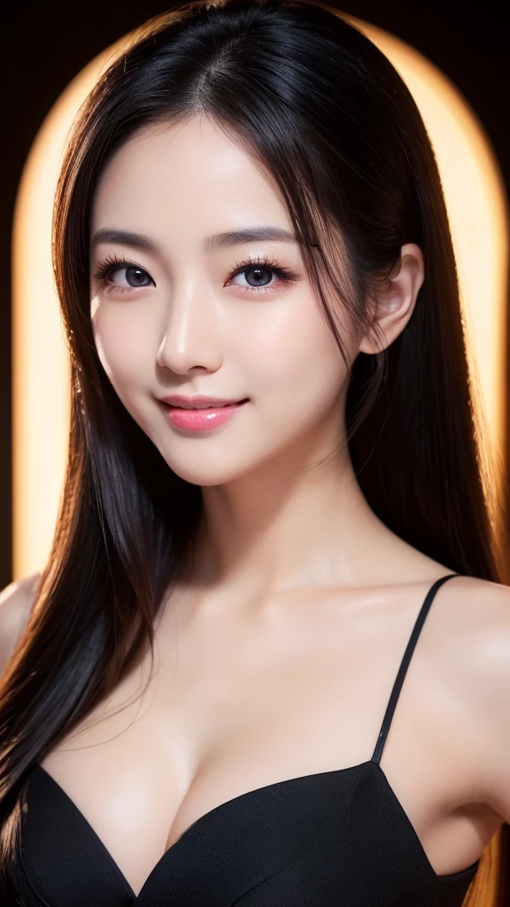 (Super beautiful woman)、((highest quality、8K masterpiece:1.3))、sharp focus:1.2、(super beautiful face:1.0)、(shiny skin:1.0)、realistic pictures、black hair、video lighting、High resolution eyes and face、video lighting、japanese actress、from the front、with a happy smile、whole body、