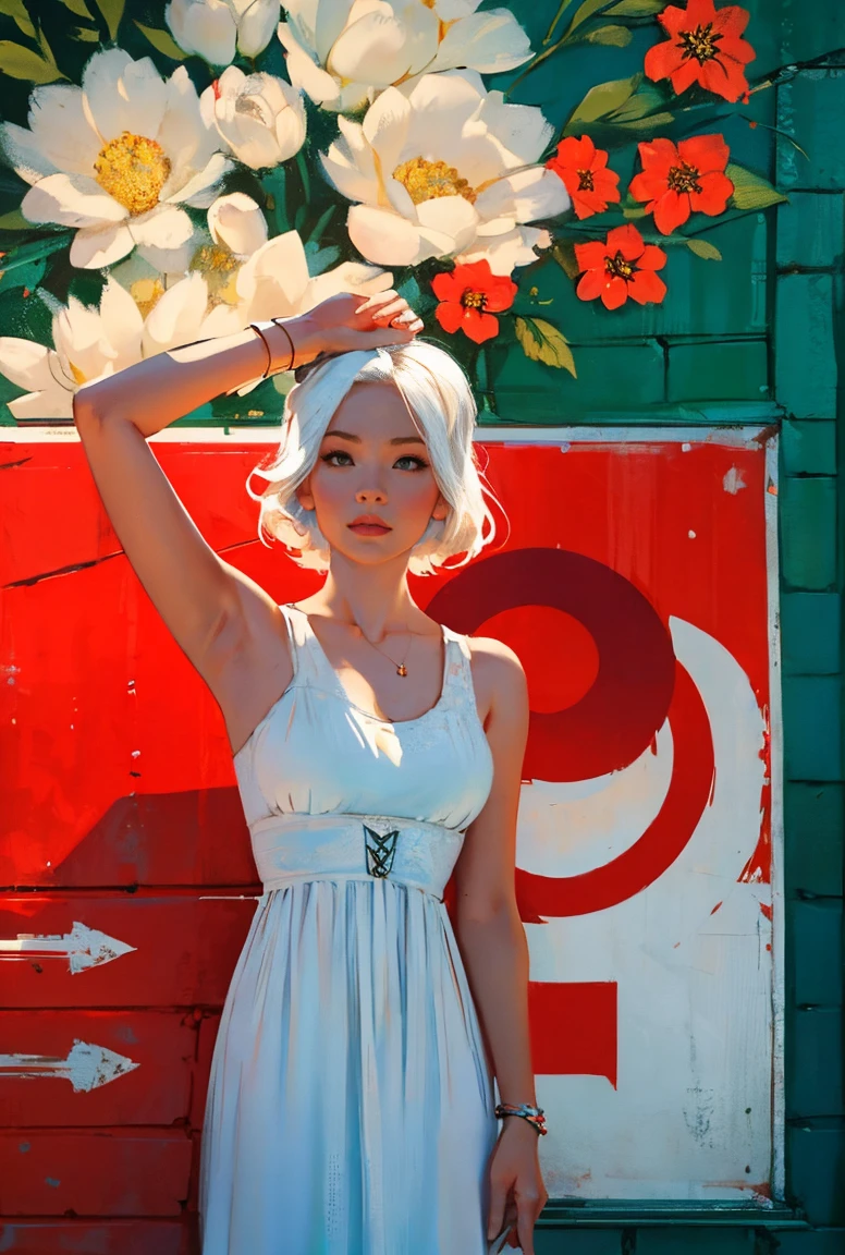 old retro poster, USSR, Soviet Union, Neon, photo shoot, girl with a face similar to Daenerys, with short white wavy hair, expressive breasts, in a white sundress with a pattern of flowers on fabric, fashionista, 80s, hd