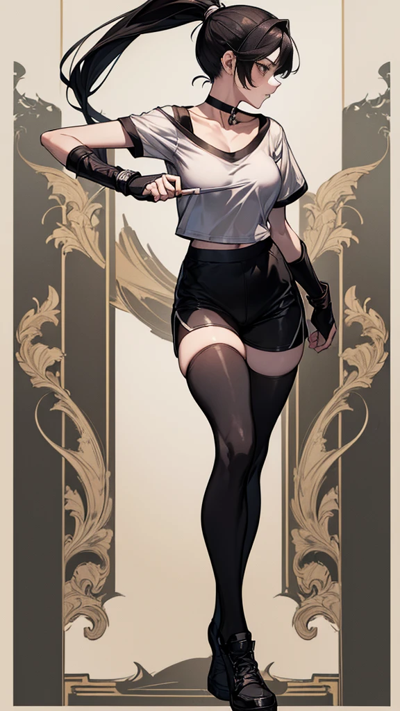 ((Highest quality)), ((masterpiece)), (detailed)　｛{{Slender female martial arts instructor}}｝　Shorts　{{Décolletage}}　White short sleeve T-shirt　Mature Woman　((Combat Stance))　Long fingerless gloves　Black tights　{{Inside the dojo}}　Black Hair　ponytail　((Leggings with integrated shorts))　clavicle　choker