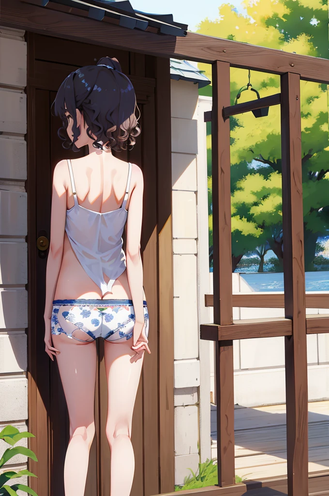 Tabletop、Highest quality、High resolution、One Girl、low length、Slender、Nadia 1、short hair、High Ponytail、Curly Hair、Plein Air、、standing、Stand upright、From the back、Small Ass、White patterned printed panties、A photograph of a subject taken from below