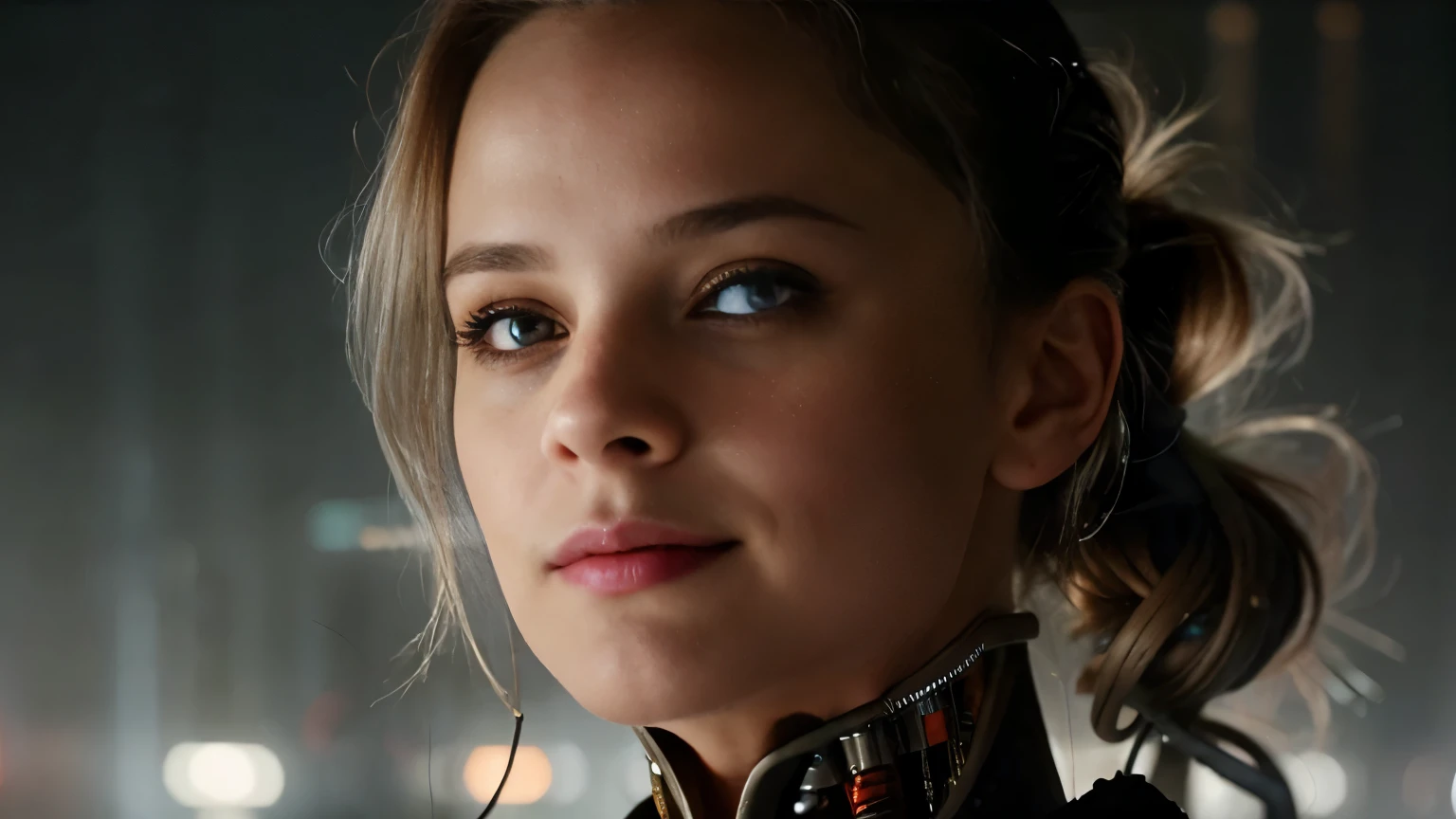 Melissa Sue Anderson, a picture of sexy android, long silver hair, , villain, she is coming to you, up close, morning mist, lightning, bright eyes, wearing a cyber clothes, wires, leds, (up close:1.3) blade runner, hair tied,  grin