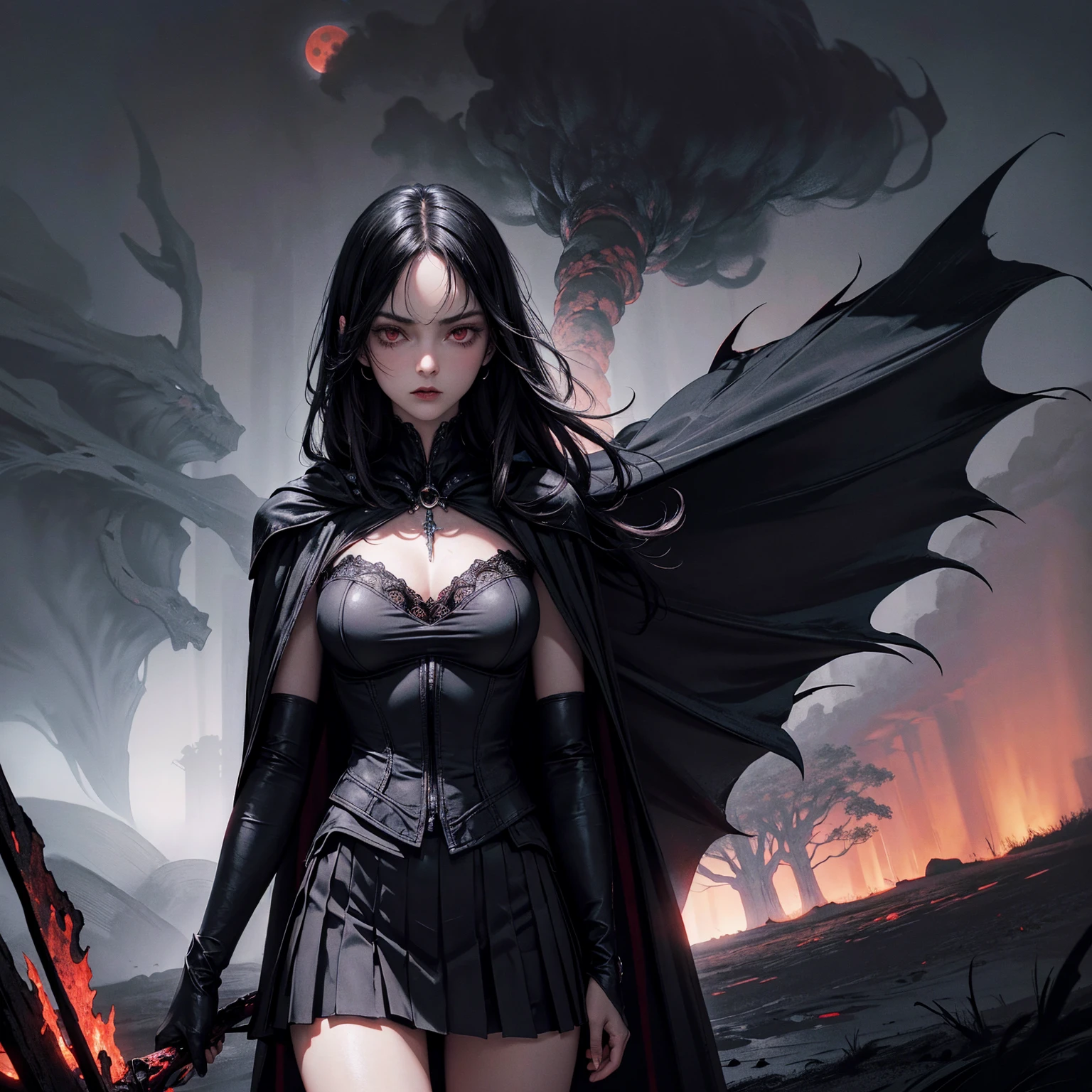 best quality, 4K, high resolution, masterpiece:1.2, Very detailed, actual:1.37, Mood lighting, Girl in a long cape, Wearing reflective rubber bra and skirt, Dangerous sneer, Black Hair, Standing, Facing the camera, Crucified, Pitch black sky, Blood-red moon, strange atmosphere, Gothic style, Unforgettable beauty, Dramatic shadows, Ethereal Light, Mysterious atmosphere.