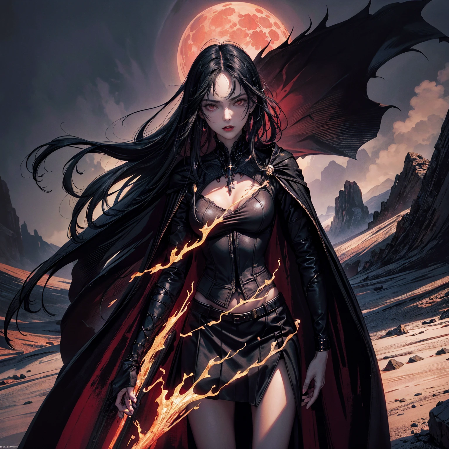 best quality, 4K, high resolution, masterpiece:1.2, Very detailed, actual:1.37, Mood lighting, Girl in a long cape, Wearing reflective rubber bra and skirt, Dangerous sneer, Black Hair, Standing, Facing the camera, Crucified, Pitch black sky, Blood-red moon, strange atmosphere, Gothic style, Unforgettable beauty, Dramatic shadows, Ethereal Light, Mysterious atmosphere.