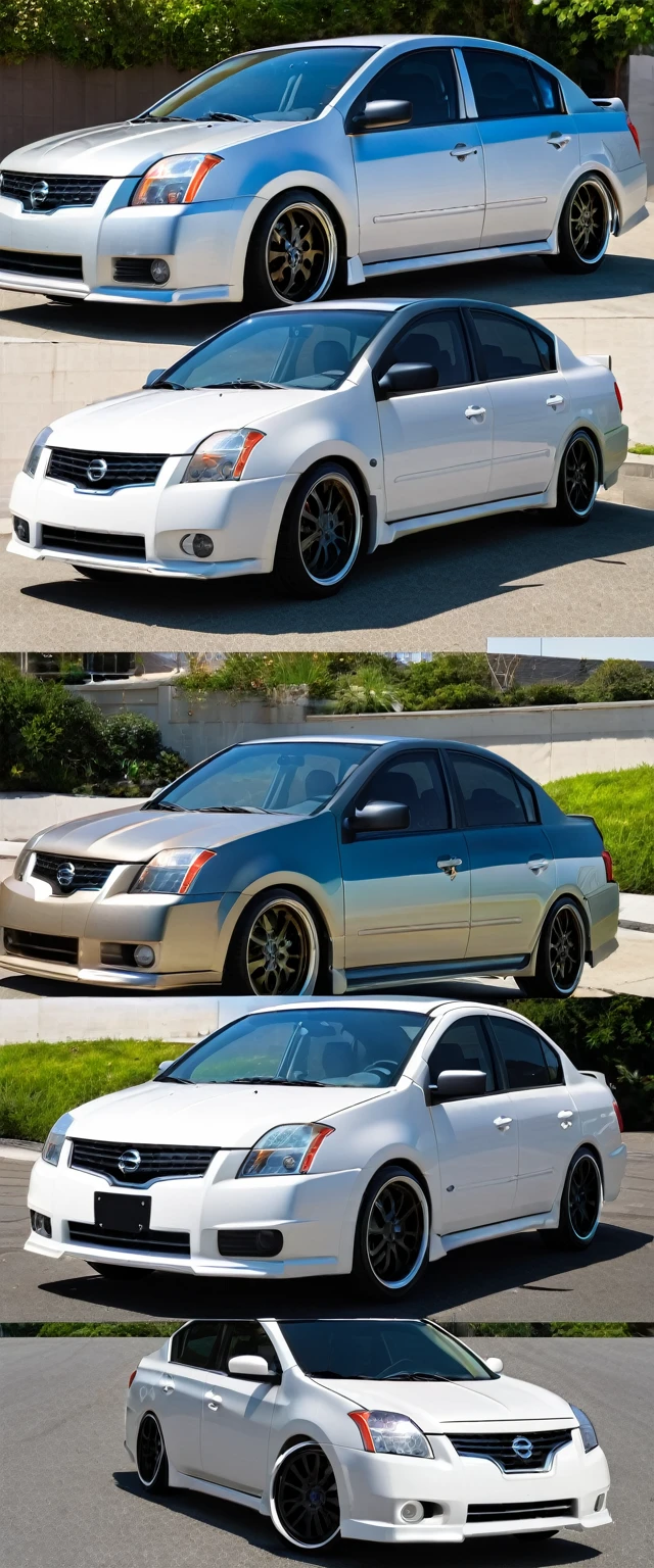 What would a Nissan Sentra sedan, 2008 model, look like, customized as a hot-road model, with an unpainted body with paint residue?