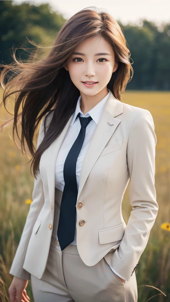 highest quality、genuine、Super detailed、finely、High resolution、8k wallpaper、one beautiful woman、、、light brown disheveled hair、wearing a business suit、sharp focus、perfect dynamic composition、beautiful and detailed eyes、thin hair、Detailed genuine skin texture、smile、model body shape、In a windswept meadow