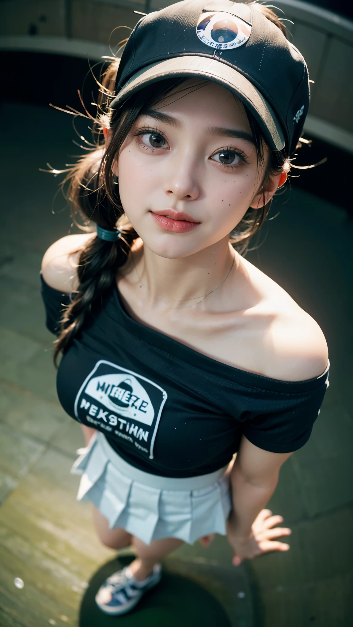 Highest quality, masterpiece, Ultra-high resolution,8k, (Realistic:1.6), (Close-up portrait:1.4) RAW Photos,((Omotesando駅))、 ((Off-the-shoulder baseball shirt,Pleated mini skirt)),((Mid-chest,Soft looking breasts,Nipples seem to be visible)),((Full body photo)),1 person,Omotesando,A slender adult 26-year-old woman,(Full of smiles, )) ,((Ponytail and cap)),((NEW ERA CAP)),((Looking up at the audience)),Face Focus:1.4,((Shooting from above with a fisheye lens:1.4)),
