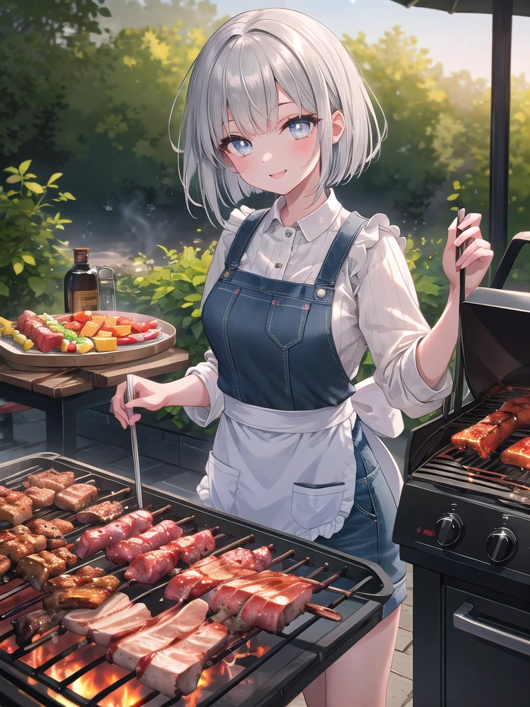 (8k, best quality, master piece: 1.2),super high resolution,1 girl, solo, ((colorshift eyes, hyperdetailed, expressive eyes)), ultra-detailed face, random hair, silver gray color, Ecstatic expression,She is enjoying a barbecue in the spacious garden. Food being grilled over the charcoal fire and sunlight are in the background. She has a silver bob cut, a casual apron and jeans. She is enjoying the barbecue smoke and smiling.