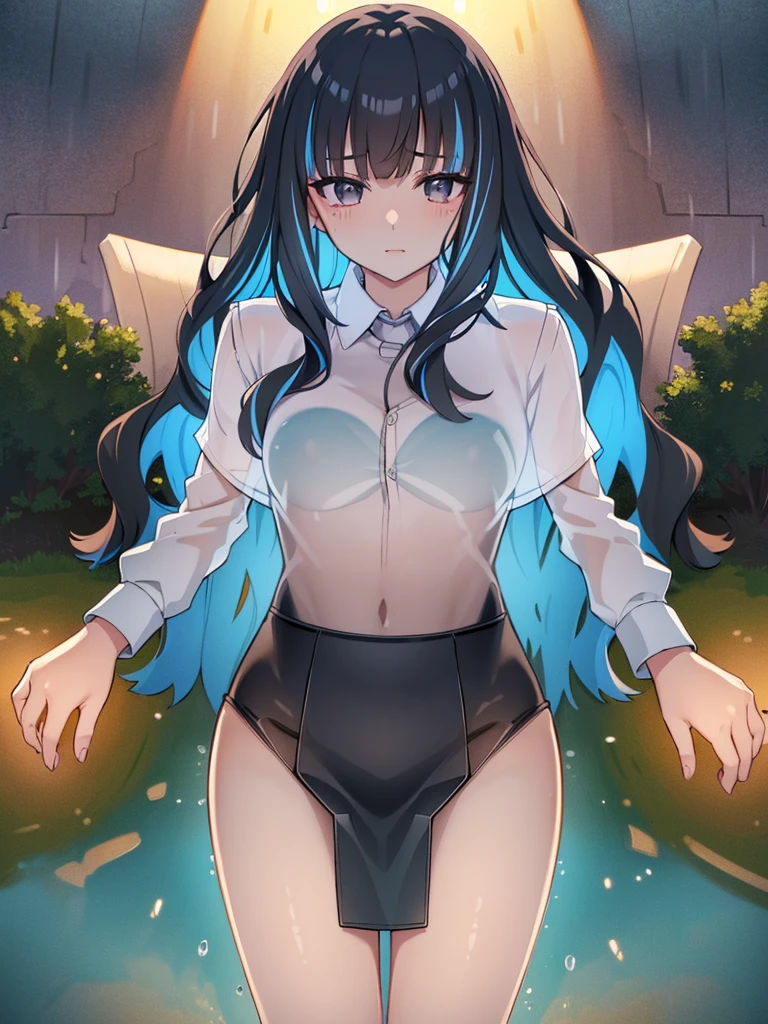 The clothes are wet, (Y-shirt is transparent: 1.4), skirt, (Unbroken body), (Perfect body structure), (arms two), (legs two), highest quality, 4K, (High resolution: 1.3) masterpiece , 1.2, Super detailed, HDR, Studio Lighting, Sharp Focus, Bright colors, Portrait, Warm tones, Soft Lighting,A bus stop in the evening rain、