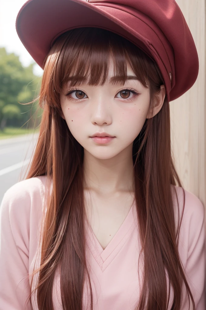 真实感, redheadwear, long hair, light bangs, mole under the left eye, looks 17 years old, brown eyes, pink cheeks and rosy mouth