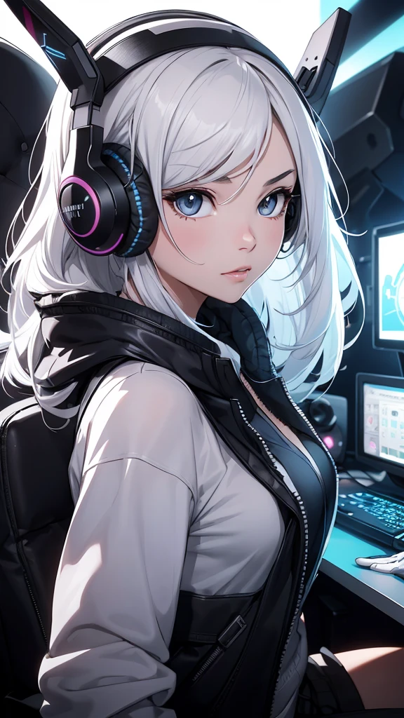 Primer plano, The character must be a young girl with an elegant and relaxed gamer aesthetic. You should wear an elegant and simple outfit that details the expression, reminiscent of a magazine cover. fashion world should have expressive facial features, brightly colored hair and accessories such as headphones, The background should be a calm environment, immersive in listening to music. gaming icons and vibrant lighting. The overall design must convey energy, emotion and passion for music."