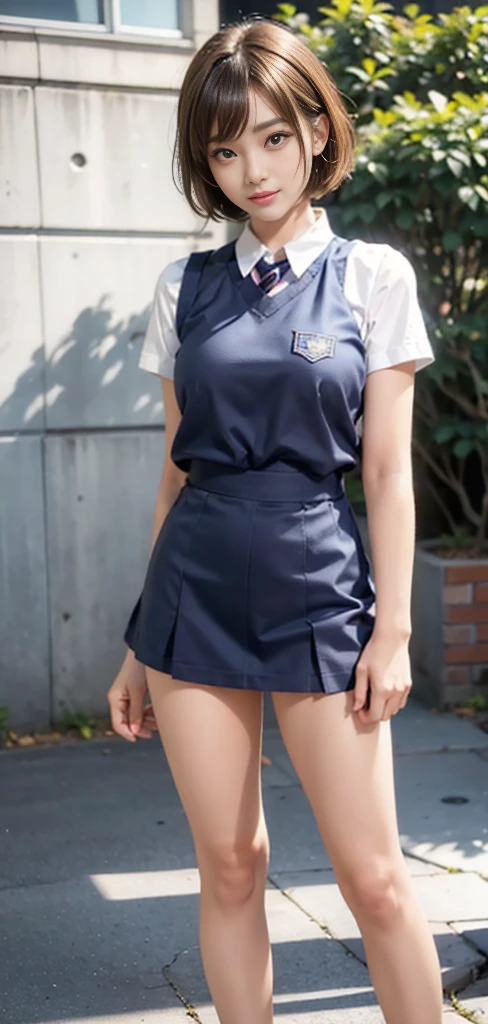 Seifuku Cosplay,Seifuku Cosplayershort hair,arms behind,Front body, front, {slender body,Are standing} ,(8K, RAW photo, highest quality, masterpiece:1.2), (realistic, photo-realistic:1.37), Super detailed,(detailed beautiful girl:16 years old:smile:),1 girl, full body shot,
