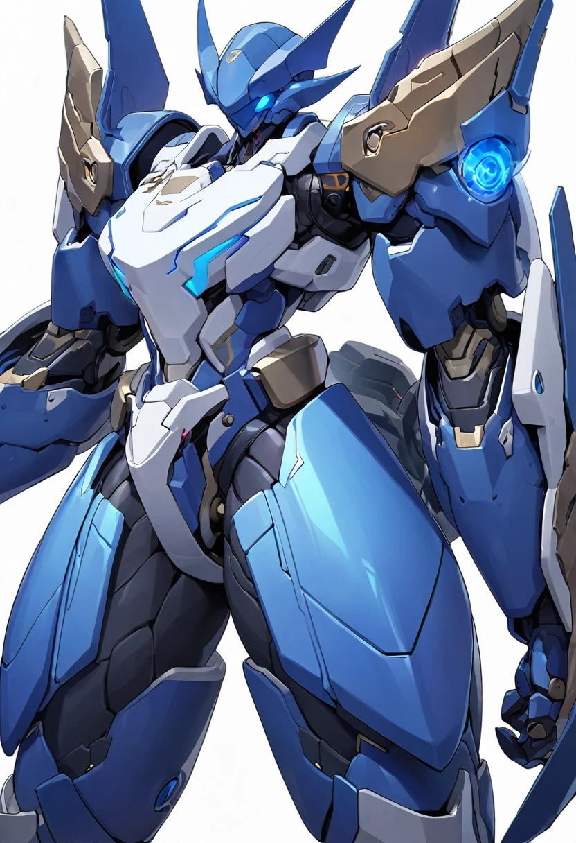 [(White background:1.5)], Hongmei tea,Blue mecha standing,Heavy armor,Strong limbs,Energy core,Powered Armor,Full nail,best quality,masterpiece,no humans,V-shaped fins,blue theme