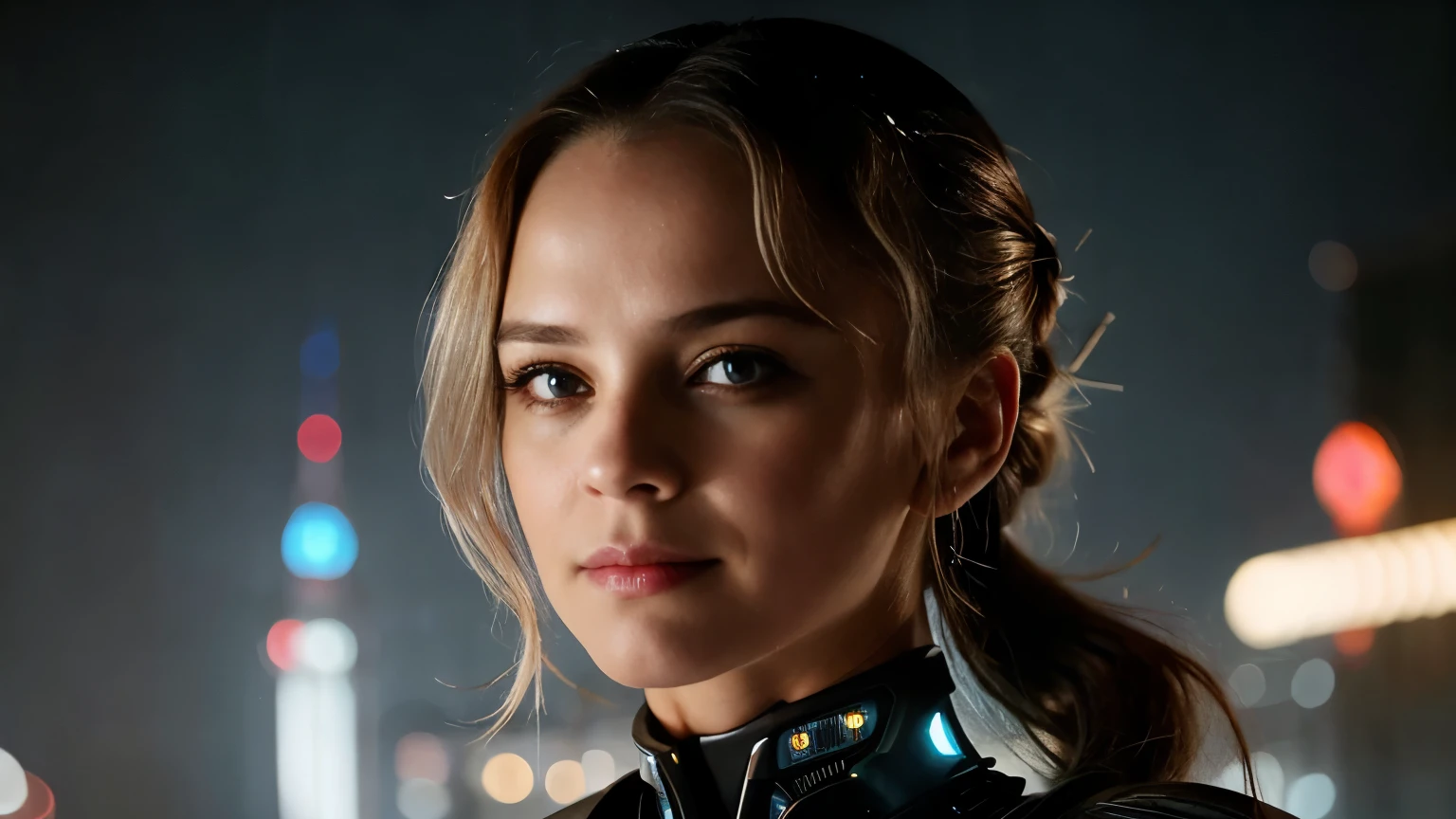 Melissa Sue Anderson, a picture of sexy android, long silver hair, , villain, she is coming to you, up close, china town, lightning, bright eyes, wearing a cyber clothes, wires, leds, (up close:1.3) blade runner, hair tied,  grin