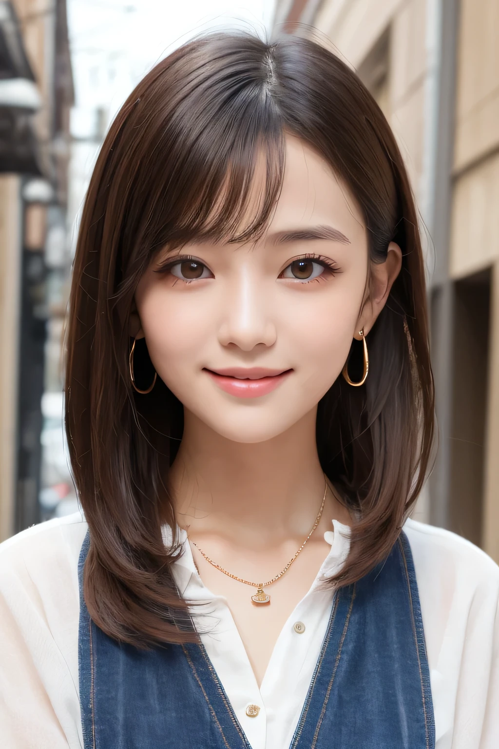 masutepiece, Best Quality, One girl, (a beauty girl, Delicate girl:1.3), (:1.3), Very fine eye definition, (Symmetrical eyes:1.3), ), (old clothes, old fashion:1.3),smile、Beautiful teeth alignment、Light brown hair、Long sleeve blouse、Ear piercing、necklace, close up to face, zoom in face, face focus、The background is the building's entrance