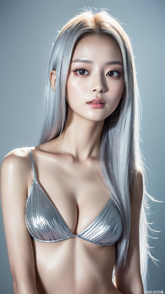 ((Top quality, masterpiece, 8K, best image quality, ultra-high resolution), TWICE tzuyu, Korean beauty, silver hair, long hair, small face, fair skin, narrow eyes, slanted eyes, slender, big breasts, sex appeal, lustrous, mature