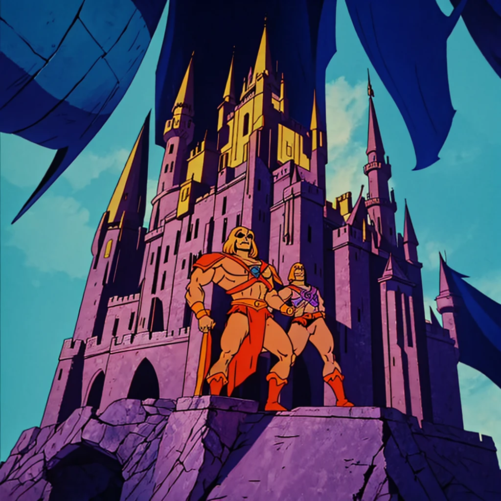 Skeletor standing in front of Castle Grayskull, low angle