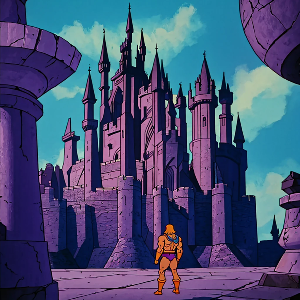 Skeletor standing in front of Castle Grayskull, low angle