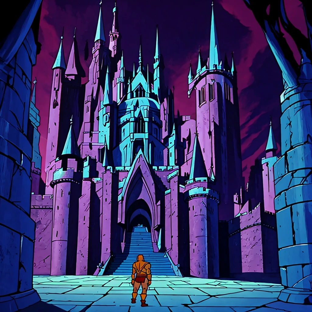 Skeletor standing in front of Castle Grayskull, low angle