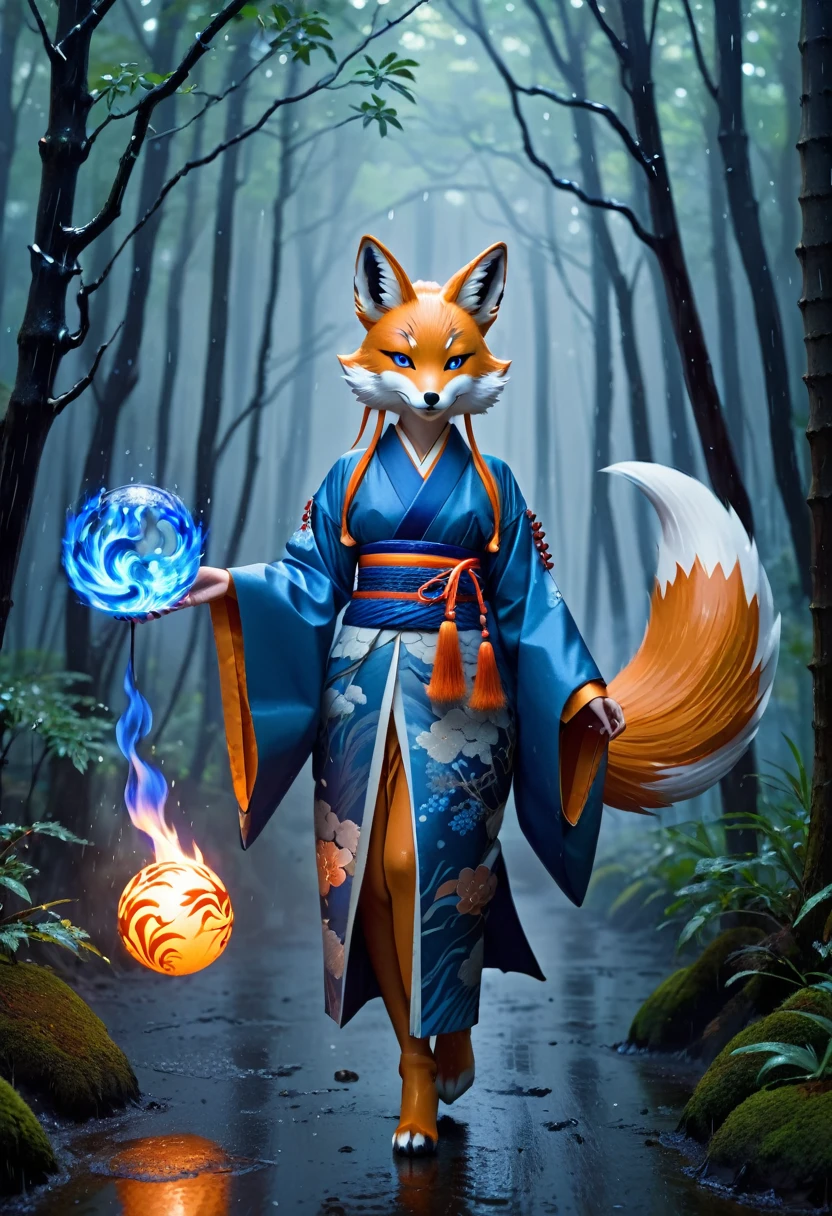 Masterpiece, Extremely detailed, (A beautiful kitsune woman walking in a rainy forest holding a small ball of blue fire), facing viewer, dynamic pose , fox ears, nine fox tails, traditional Japanese clothing.