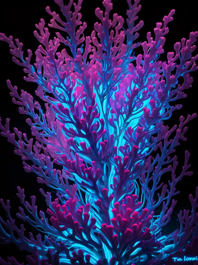 a close up of a flower with neon lights on it, radiating atomic neon corals, twirling glowing sea plants, harmony of neon glowing coral, neon color bioluminescence, neon bioluminescence, filled with bioluminescence, purple and blue neons, neon jellyfish, glowing neon flowers, purple bioluminescence