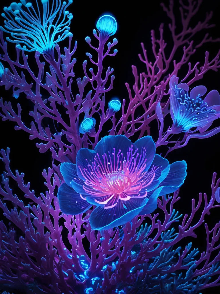 a close up of a flower with neon lights on it, radiating atomic neon corals, twirling glowing sea plants, harmony of neon glowing coral, neon color bioluminescence, neon bioluminescence, filled with bioluminescence, purple and blue neons, neon jellyfish, glowing neon flowers, purple bioluminescence