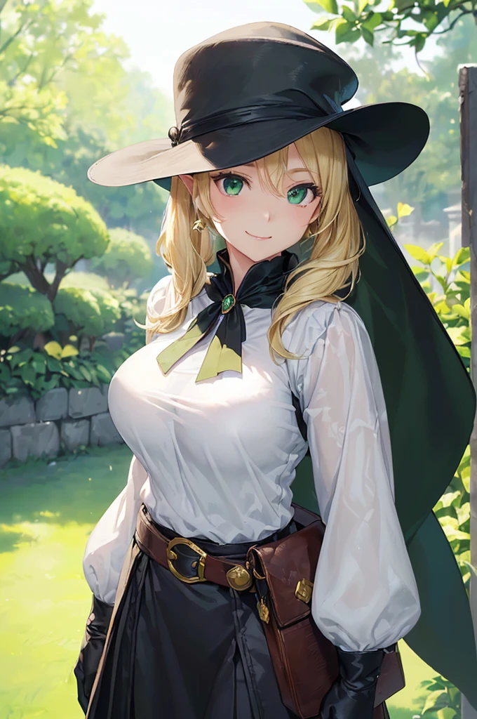 (((masterpiece; best quality: 1.2))), (finely detailed eyes: 1.3), (25 year old elf woman), (solo), (green eyes: 1.4), (body; , fit, femenine: 1.3), (silky blonde hair in low ponytail: 1.3), (beautiful and clear background: 1.2), ((depth of field)), (equipment: adventurer garb + mode elegant wide-brim hat + dark blouse + dark cape + black long skirt + gloves + belt + pouches: 1.3), (anime illustration: 1.2), (background composition; royal garden: 1.1), (extremely fine and beautiful: 1.1), (shot composition; standing + centered on torso + close-up: 1.5), (expression; calm, smile: 1.2)