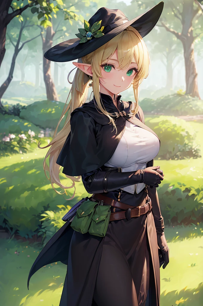 (((masterpiece; best quality: 1.2))), (finely detailed eyes: 1.3), (25 year old elf woman), (solo), (green eyes: 1.4), (body; big breasts, fit, femenine: 1.3), (silky blonde hair in low ponytail: 1.3), (beautiful and clear background: 1.2), ((depth of field)), (equipment: adventurer garb + modest + elegant wide-brim hat + dark blouse + dark cape + black long skirt + gloves + belt + pouches: 1.3), (anime illustration: 1.2), (background composition; royal garden: 1.1), (extremely fine and beautiful: 1.1), (shot composition; standing + centered on torso + close-up: 1.5), (expression; calm, smile: 1.2)