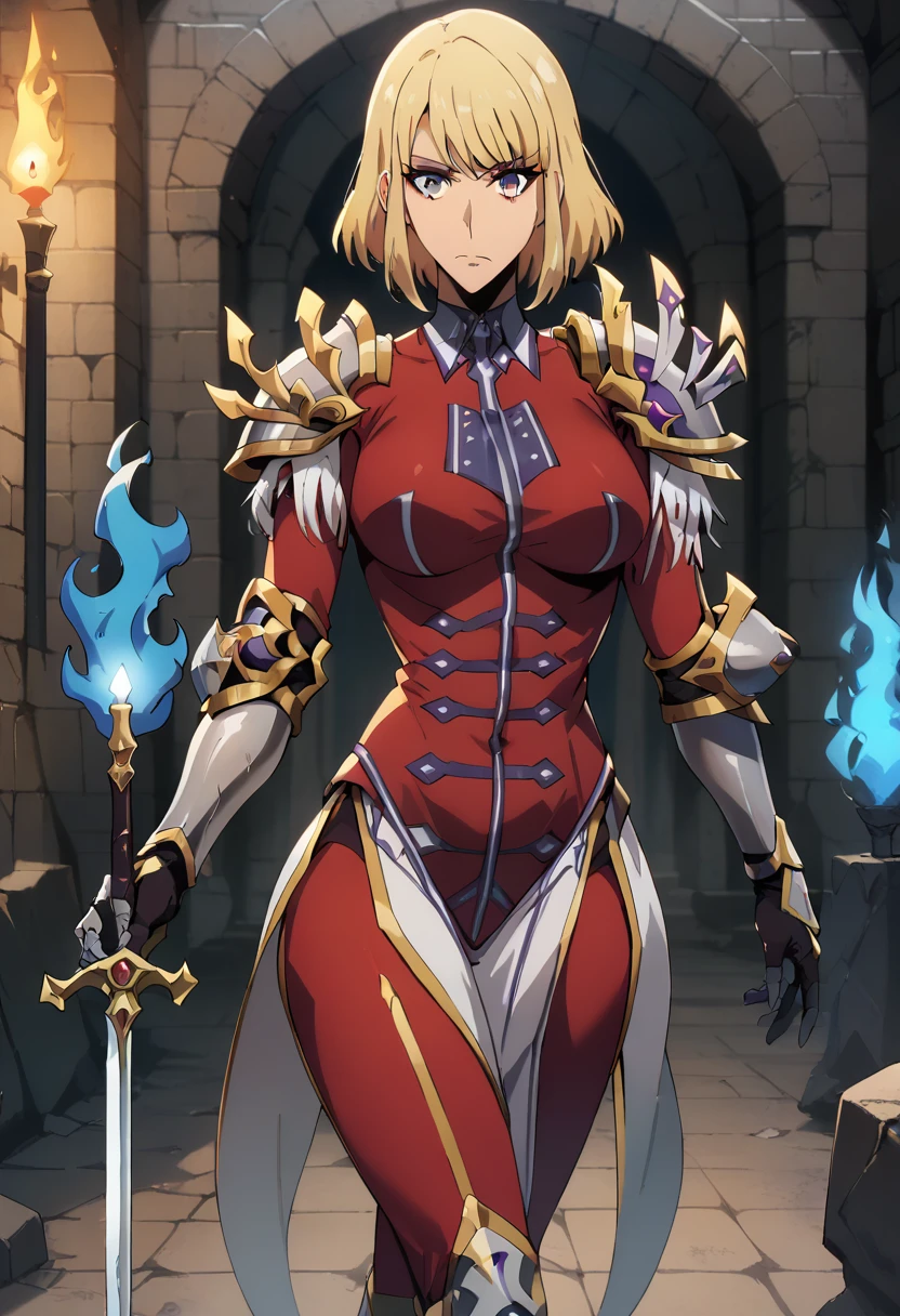 score_9, score_8_up, score_7_up,
ChaHaeInSL,
1girl, solo, closed mouth,
blonde hair, medium hair, purple eyes,
ChaHaeInArmor, red bodysuit, shoulder armor, gauntlets, armored boots, military, pelvic curtain, holding sword,
(standing:1.2), looking at the viewer, crossed legs,
indoors, dungeon, stone wall, wall, stone, blurry background, (blue fire, torch:1.2)