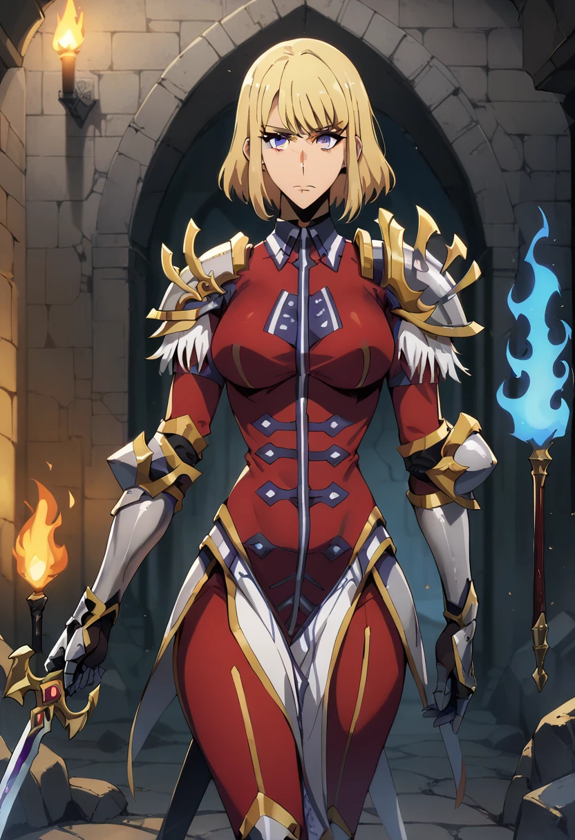 score_9, score_8_up, score_7_up,
ChaHaeInSL,
1girl, solo, closed mouth,
blonde hair, medium hair, purple eyes,
ChaHaeInArmor, red bodysuit, shoulder armor, gauntlets, armored boots, military, pelvic curtain, holding sword,
(standing:1.2), looking at the viewer, crossed legs,
indoors, dungeon, stone wall, wall, stone, blurry background, (blue fire, torch:1.2)