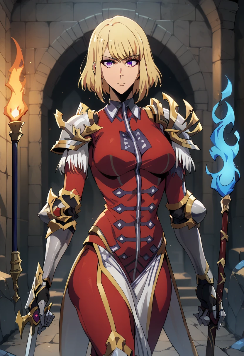 score_9, score_8_up, score_7_up,
ChaHaeInSL,
1girl, solo, closed mouth,
blonde hair, medium hair, purple eyes,
ChaHaeInArmor, red bodysuit, shoulder armor, gauntlets, armored boots, military, pelvic curtain, holding sword,
(standing:1.2), looking at the viewer, crossed legs,
indoors, dungeon, stone wall, wall, stone, blurry background, (blue fire, torch:1.2)