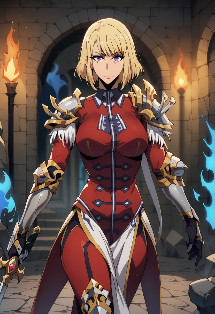 score_9, score_8_up, score_7_up,
ChaHaeInSL,
1girl, solo, closed mouth,
blonde hair, medium hair, purple eyes,
ChaHaeInArmor, red bodysuit, shoulder armor, gauntlets, armored boots, military, pelvic curtain, holding sword,
(standing:1.2), looking at the viewer, crossed legs,
indoors, dungeon, stone wall, wall, stone, blurry background, (blue fire, torch:1.2)