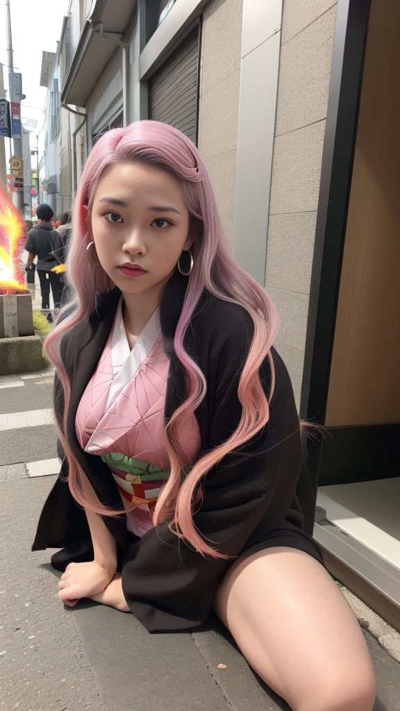 Cute Japanese woman, (16 years old), (Very cute face: 1.3), White moisturized skin,
BREAK,
Fighter, Kung Fu fighter, Idol,
BREAK,
(Wearing cute kimono: 1.3), (Very revealing kimono), Very large earrings, Short length,
BREAK,
(Long hair), (Black hair), (Wavy hair), (Gradient pink hair: 1.3), (Red hair at the ends),
BREAK,
(Realistic: 1.3), Masterpiece, Perfect lighting, (Ultra high resolution), (8K), (Very detailed: 1.4), (From the front), Looking at the camera, Melancholic expression, (Full body),
BREAK,
(Japanese city streets: 1.2), Tokyo Tower in Japan background,
BREAK,
(Demon Slayer: 1.4),
BREAK,
(Hellfire: 1.3), Demon, (Flame: 1.3)