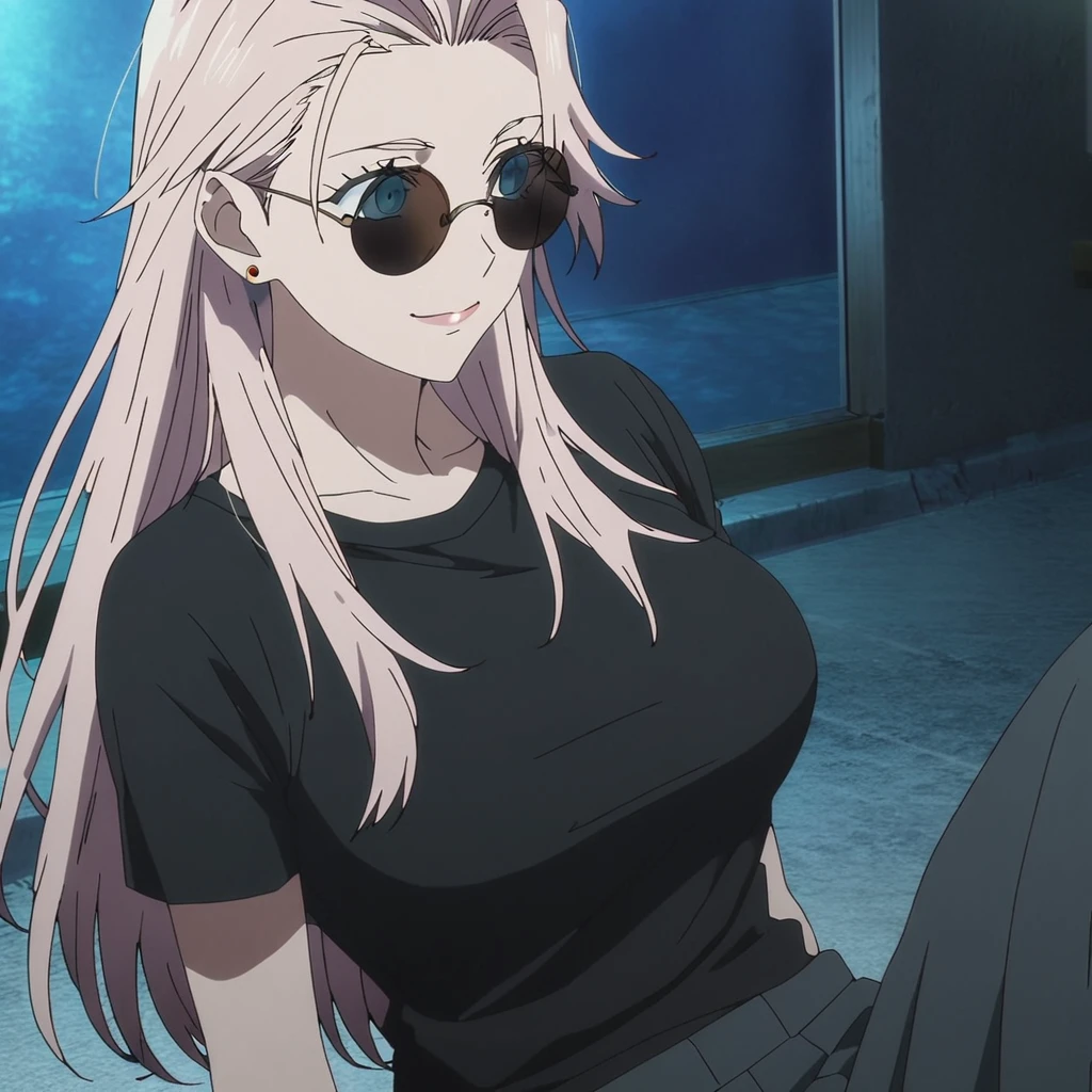 1girl, female gojo satoru, anime screencap from jujutsu kaisen, gojo satoru female version, solo, long_hair , ((wearing round sunglasses)) ((White_hair, hair slicked from one side)), night view, (hanging breasts) upper_body, smile, dark room, lips, (long hair) ((wearing black colour t shirt and pant)) breast, "very detailed and high resolution"  ((solo)) (((front view))) (earings) ((high resolution)) ((good quality)) ((silky hair, hair slicked from one side)) ((sitting))