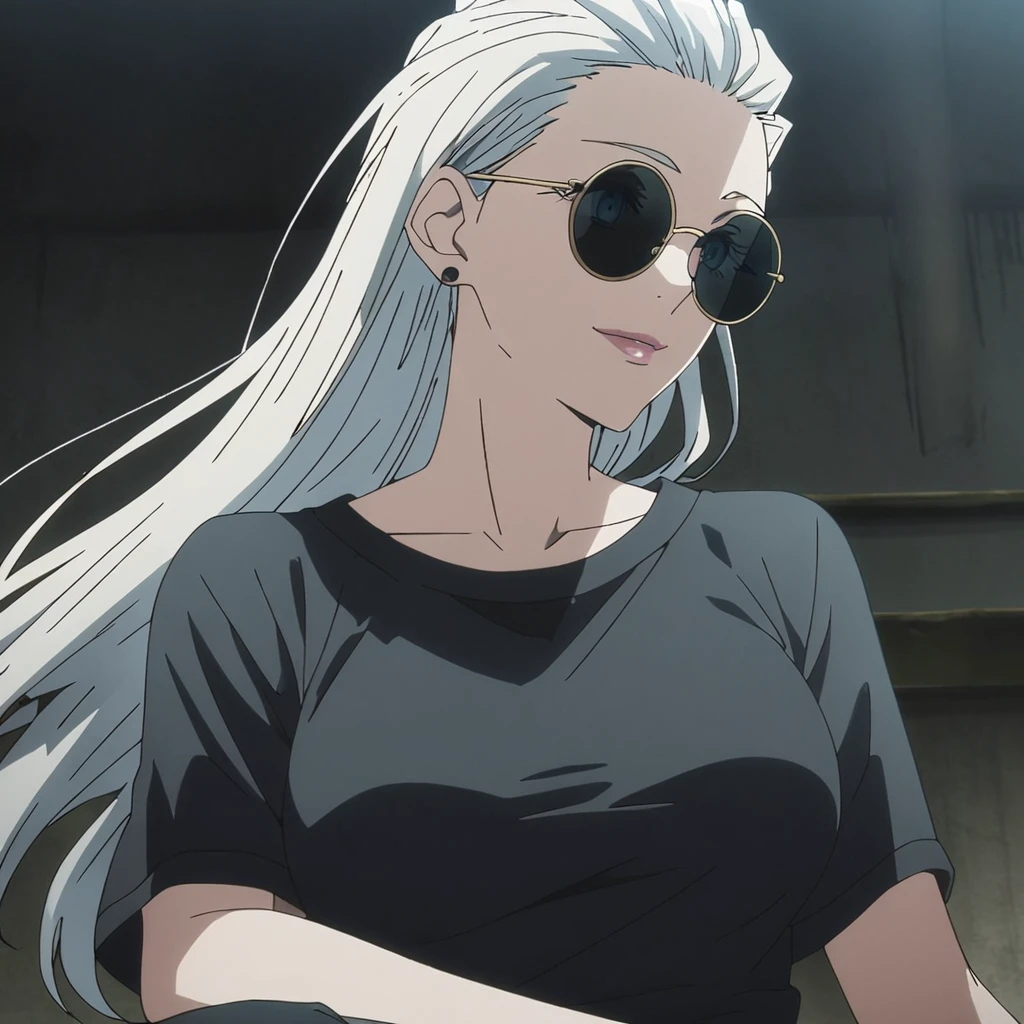 1girl, female gojo satoru, anime screencap from jujutsu kaisen, gojo satoru female version, solo, long_hair , ((wearing round sunglasses)) ((White_hair, hair slicked from one side)), night view, (hanging breasts) upper_body, smile, dark room, lips, (long hair) ((wearing black colour t shirt and pant)) breast, "very detailed and high resolution" ((solo)) (((front view))) (earings) ((high resolution)) ((good quality)) ((silky hair, hair slicked from one side)) ((sitting))