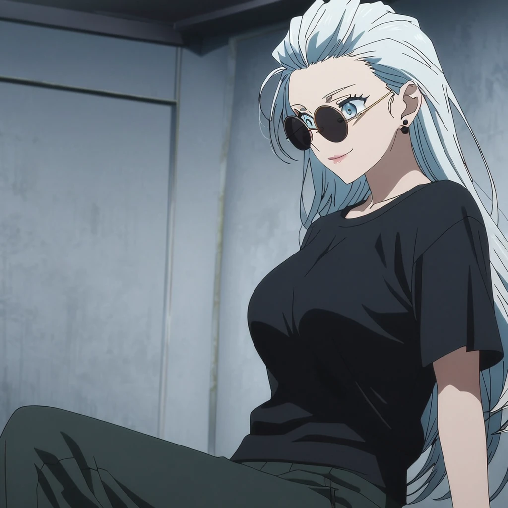 1girl, female gojo satoru, anime screencap from jujutsu kaisen, gojo satoru female version, solo, long_hair , ((wearing round sunglasses)) ((White_hair, hair slicked from one side)), night view, (hanging breasts) upper_body, smile, dark room, lips, (long hair) ((wearing black colour t shirt and pant)) breast, "very detailed and high resolution"  ((solo)) (((front view))) (earings) ((high resolution)) ((good quality)) ((silky hair, hair slicked from one side)) ((sitting))