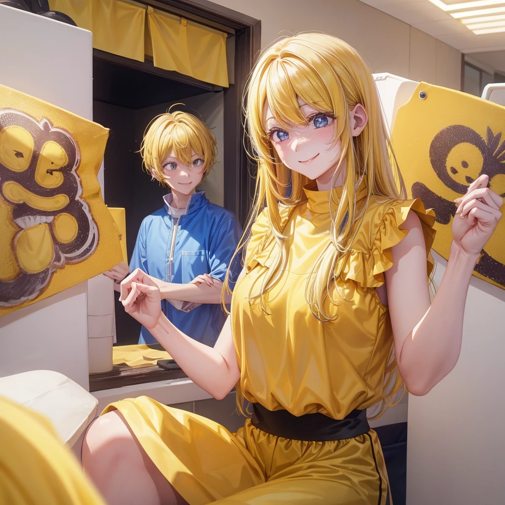 A clumsy, yellow-haired girl wearing yellow clothes。Looking at the camera and smiling shyly。