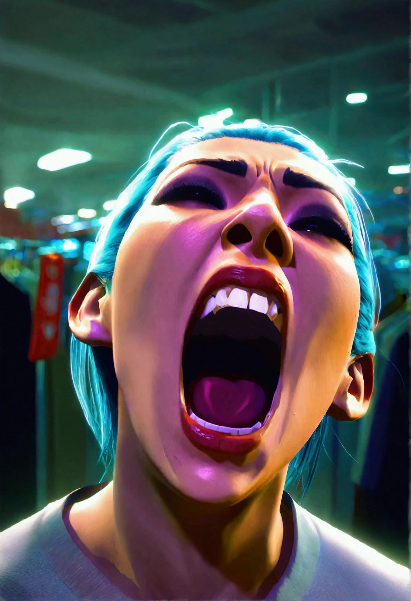 a woman screaming in terror, liquid metal coalescing into a bloodthirsty demon, busy shopping mall, hyper realistic, cinematic lighting, dramatic shadows, volumetric fog, vibrant colors, unreal engine, photorealistic, detailed facial features, expressive eyes, highly detailed, 8k, masterpiece, cinematic composition, dramatic atmosphere, intense contrast, moody lighting