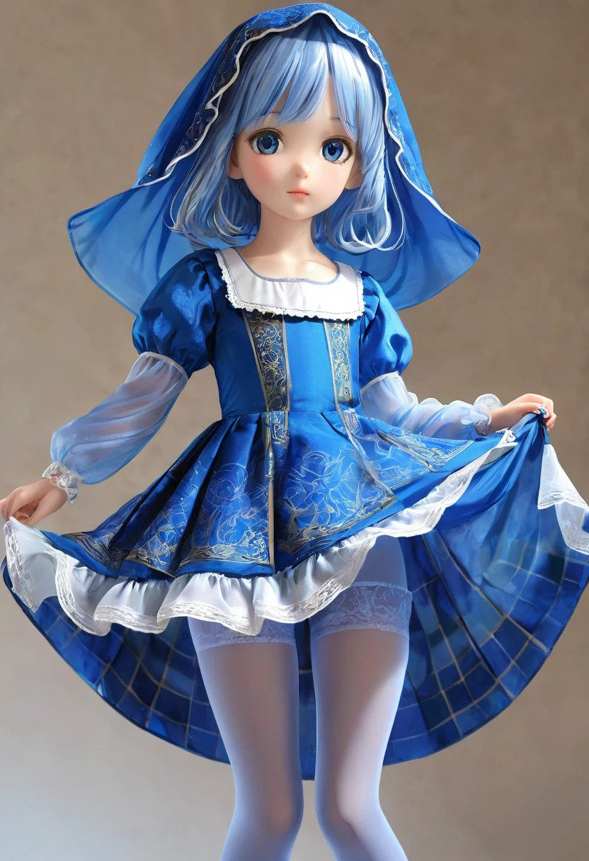 10 year old girl underwear, Realistic panties made from patterned cotton fabric, Medieval bright blue one-piece dress with panniers, Fabric Realism, Low - Angle, You can see the drawer, Pull up the dress by hand, Strong winds, Translucent slip, Translucent slip, tights, Highest quality, Crotch close-up, whole body, Skirt lining