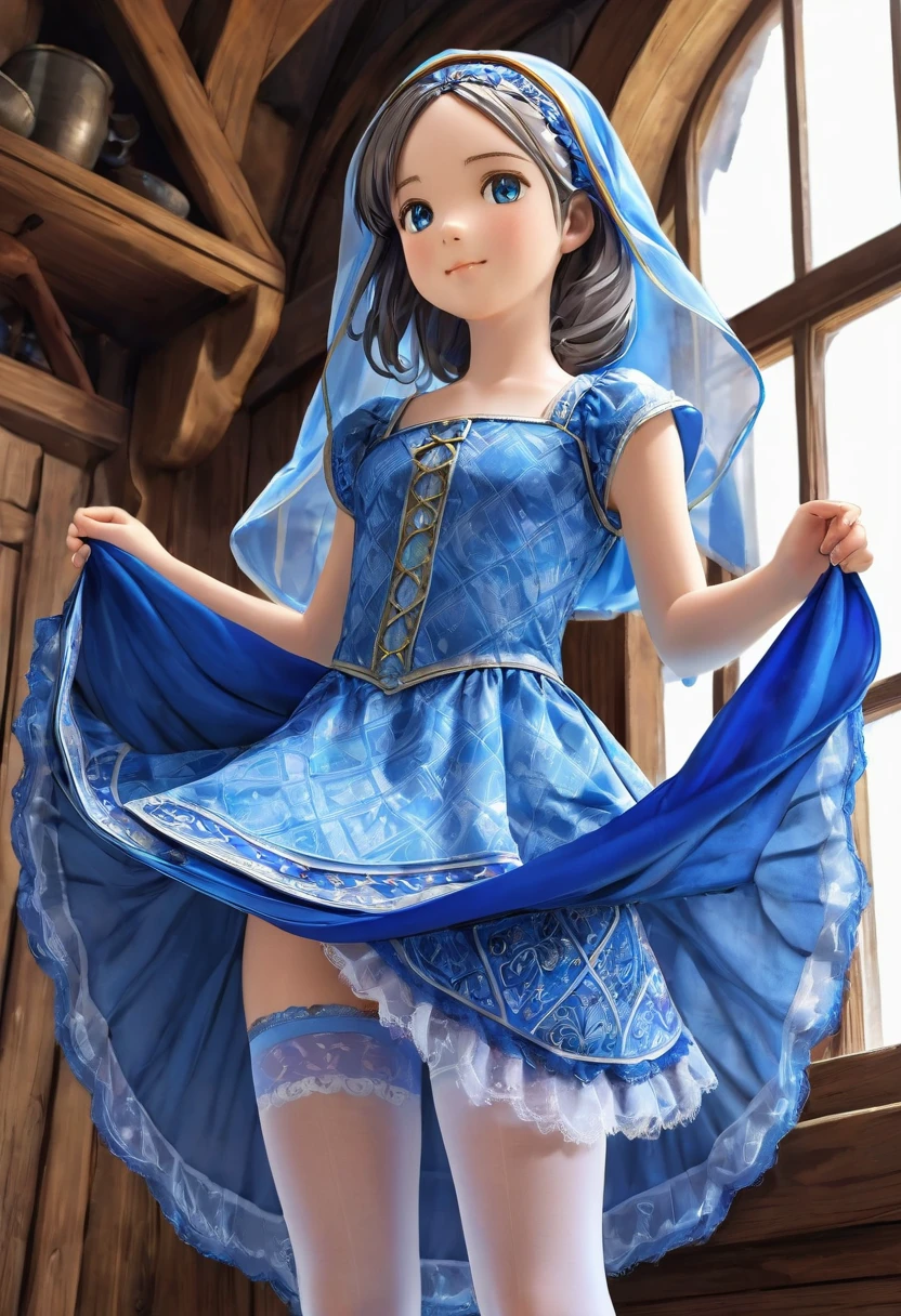 10 year old girl underwear, Realistic panties made from patterned cotton fabric, Medieval bright blue one-piece dress with panniers, Fabric Realism, Low - Angle, You can see the drawer, Pull up the dress by hand, Strong winds, Translucent slip, Translucent slip, tights, Highest quality, Crotch close-up, whole body, Skirt lining
