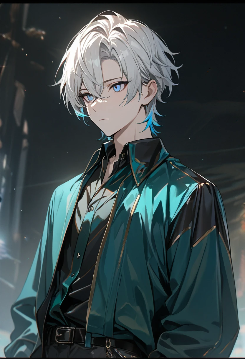 1 male, short hair, white hair WITH BLACK HIGHLIGHT, MULTICOLORED Hair, blue eyes, aventurine clothes, (best quality,4k,highres,masterpiece:1.2), teenager, expressionless, emotionless