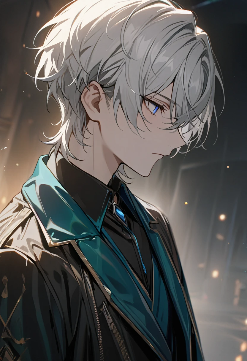 1 male, short hair, white hair WITH BLACK HIGHLIGHT, MULTICOLORED Hair, blue eyes, aventurine clothes, (best quality,4k,highres,masterpiece:1.2), teenager, expressionless, emotionless