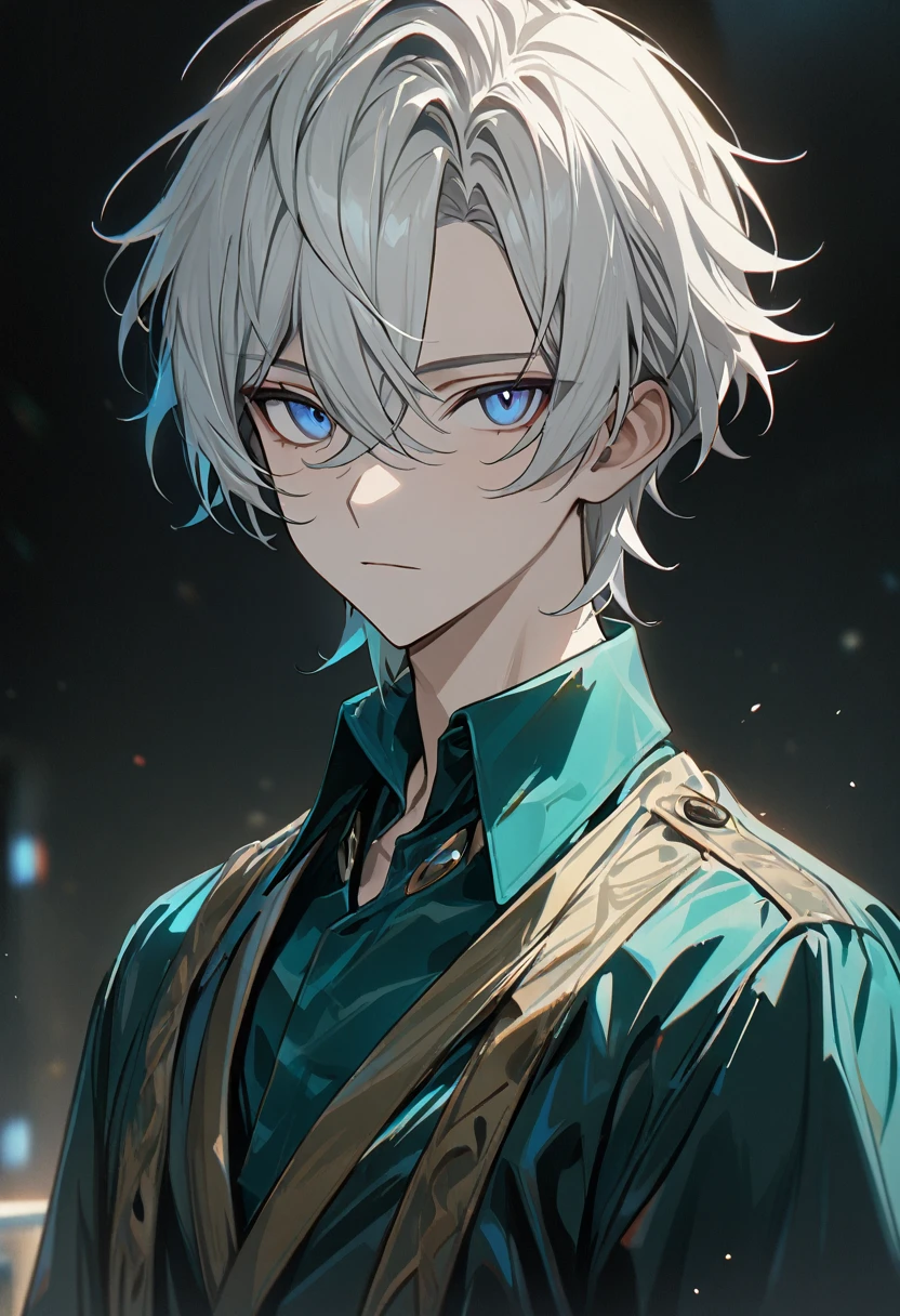 1 male, short hair, white hair WITH BLACK HIGHLIGHT, MULTICOLORED Hair, blue eyes, aventurine clothes, (best quality,4k,highres,masterpiece:1.2), teenager, expressionless, emotionless