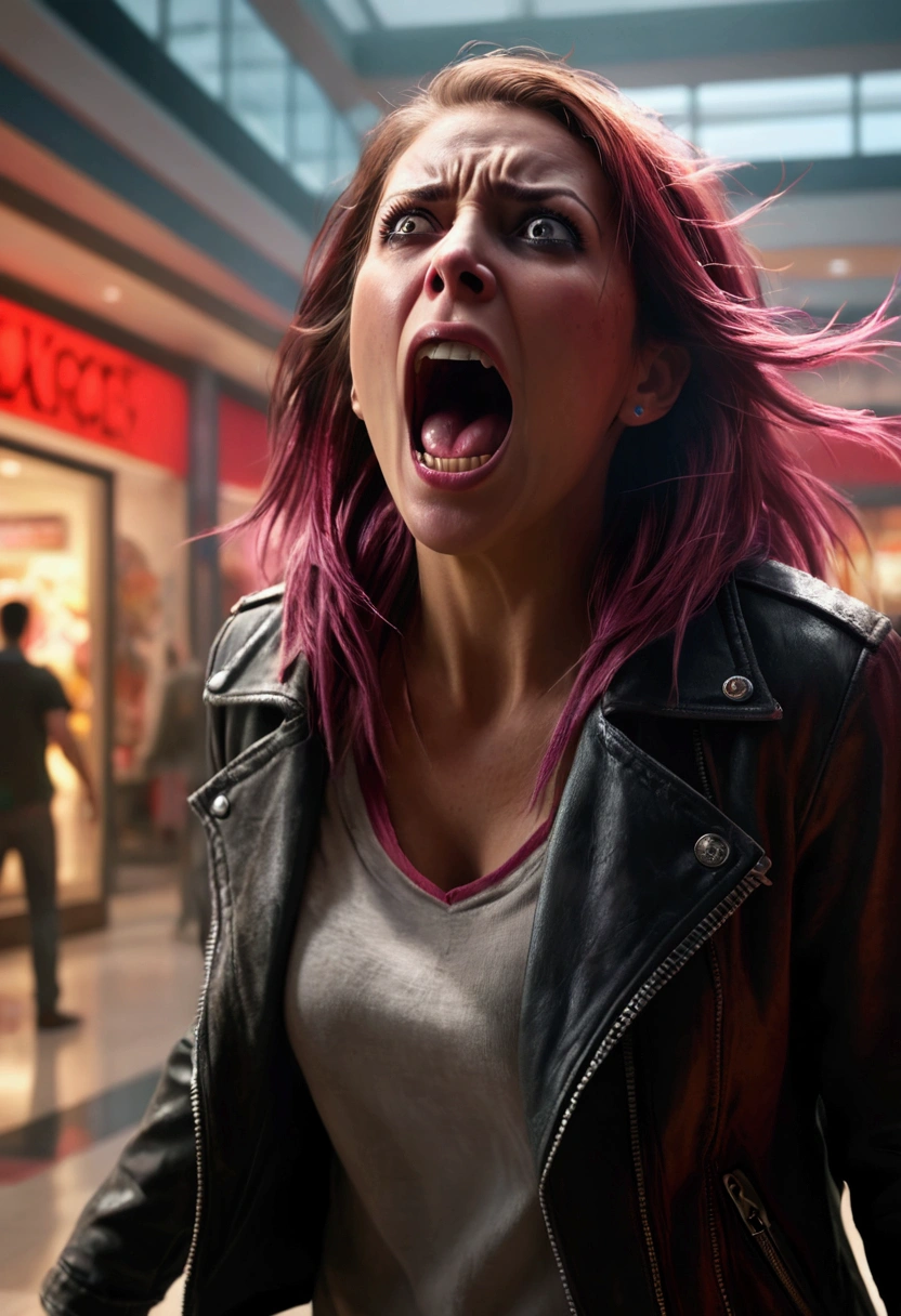 a woman screaming in terror, liquid metal coalescing into a bloodthirsty demon, busy shopping mall, hyper realistic, cinematic lighting, dramatic shadows, volumetric fog, vibrant colors, unreal engine, photorealistic, detailed facial features, expressive eyes, highly detailed, 8k, masterpiece, cinematic composition, dramatic atmosphere, intense contrast, moody lighting