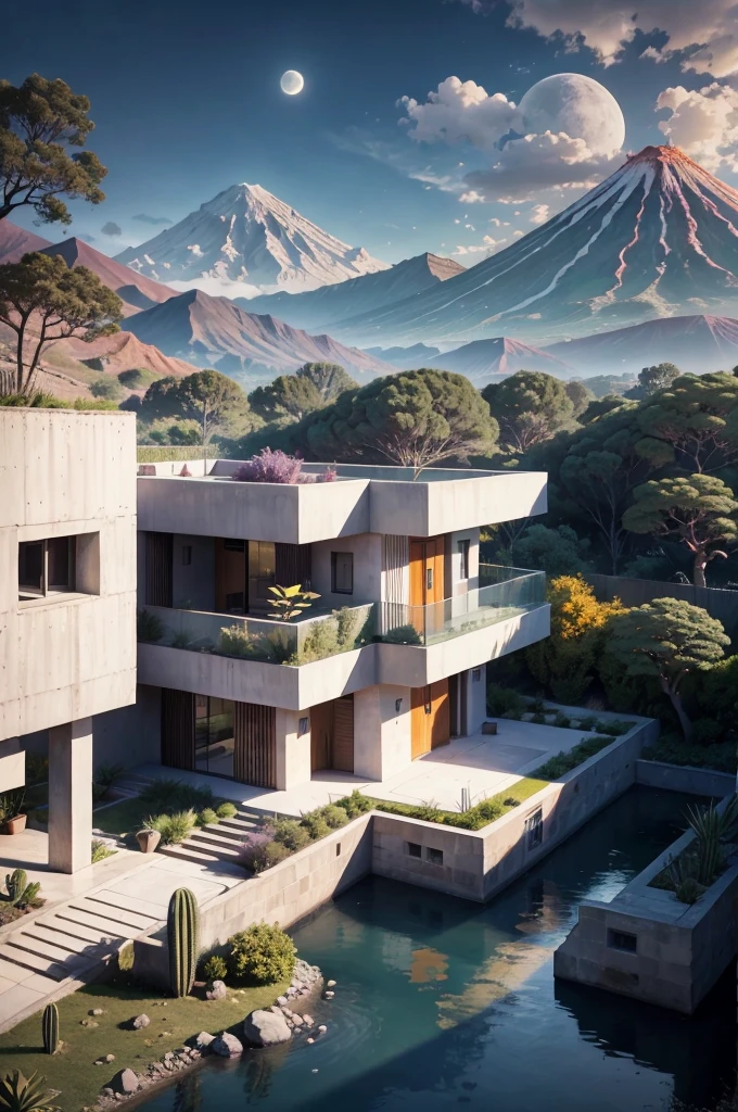 Multiple houses, brutalism style, Luis Barragán, Mountains in background, river, pool, terraces, stairs, garden terraces, trees, beautiful clouds, moon, sun, detailed, cacti, boulders, volcanic rocks, fuggy, river, lake, Violet, orange, olive green, blue, magenta, amazing volcano in horizont, beautiful garden design