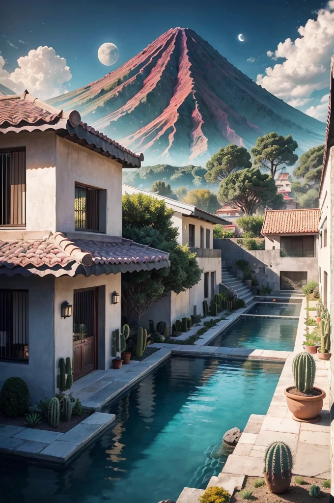 Multiple houses, brutalism style, Luis Barragán, Mountains in background, river, pool, terraces, stairs, garden terraces, trees, beautiful clouds, moon, sun, detailed, cacti, boulders, volcanic rocks, fuggy, river, lake, Violet, orange, olive green, blue, magenta, amazing volcano in horizont, beautiful garden design